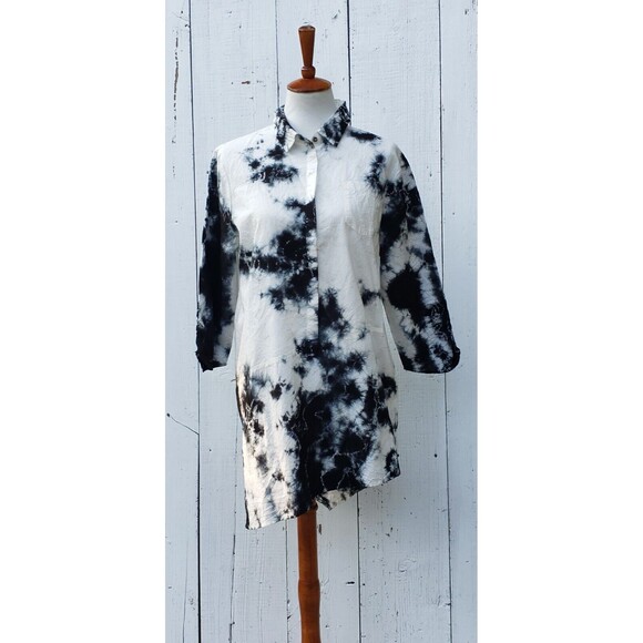 XCVI Tops - XCVI Women White Tie Dye Collared Half Button 3/4 Sleeve Cotton Blend Tunic Sz L